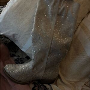 Very G Tan Heeled Boots with Rhinestones